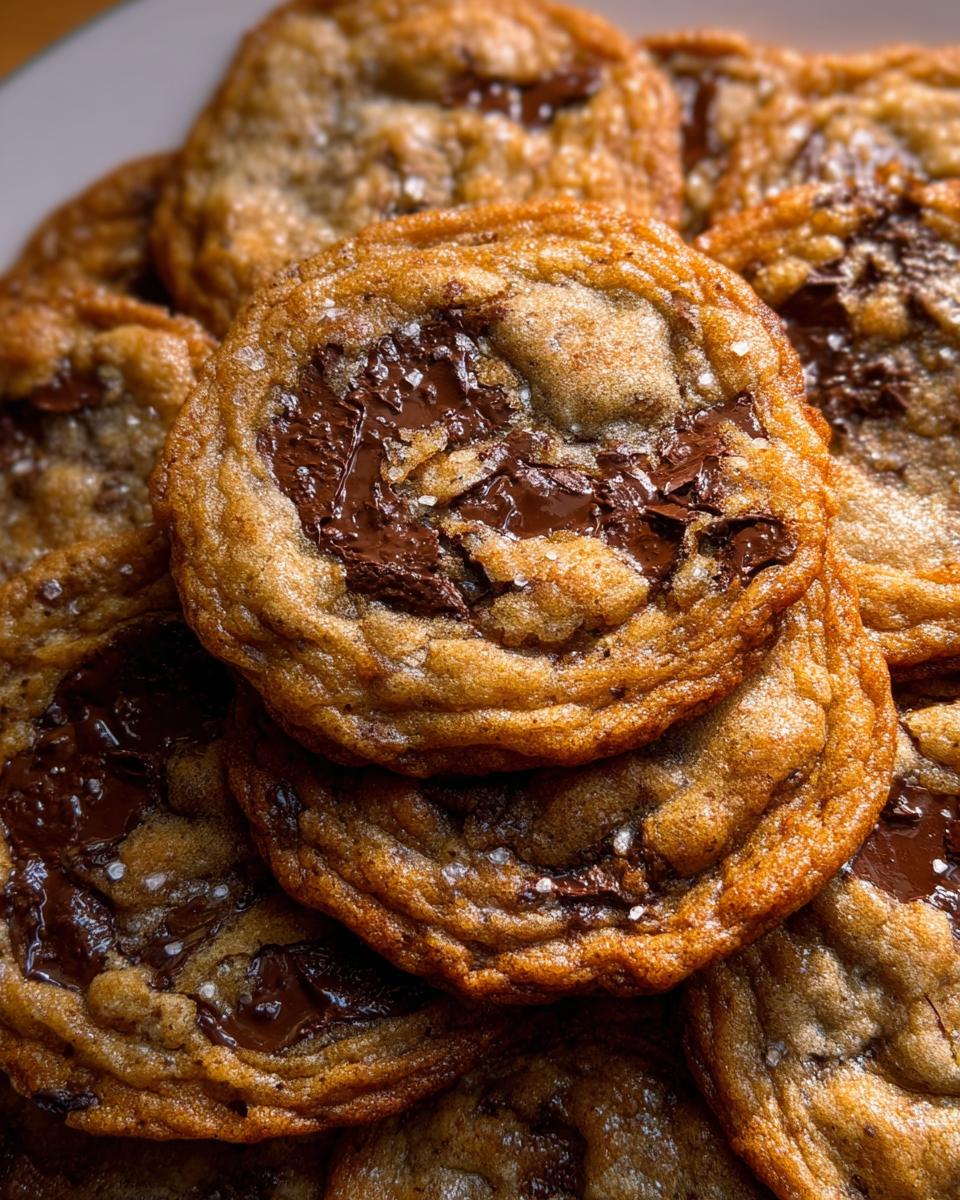 A close-up stack of freshly baked Crispy Chewy Thin Chocolate Chip Cookies with melted chocolate pools and sea salt.