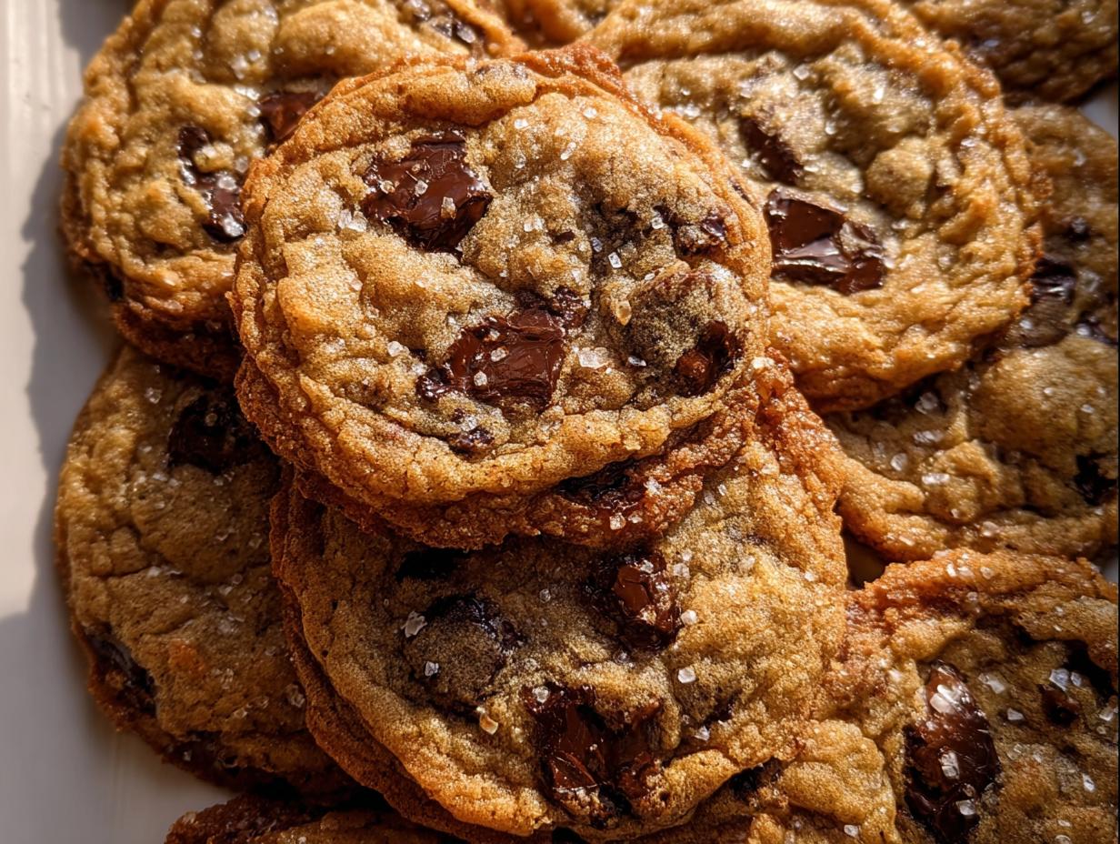 A close-up stack of golden brown Crispy Chewy Thin Chocolate Chip Cookies topped with flaky sea salt.