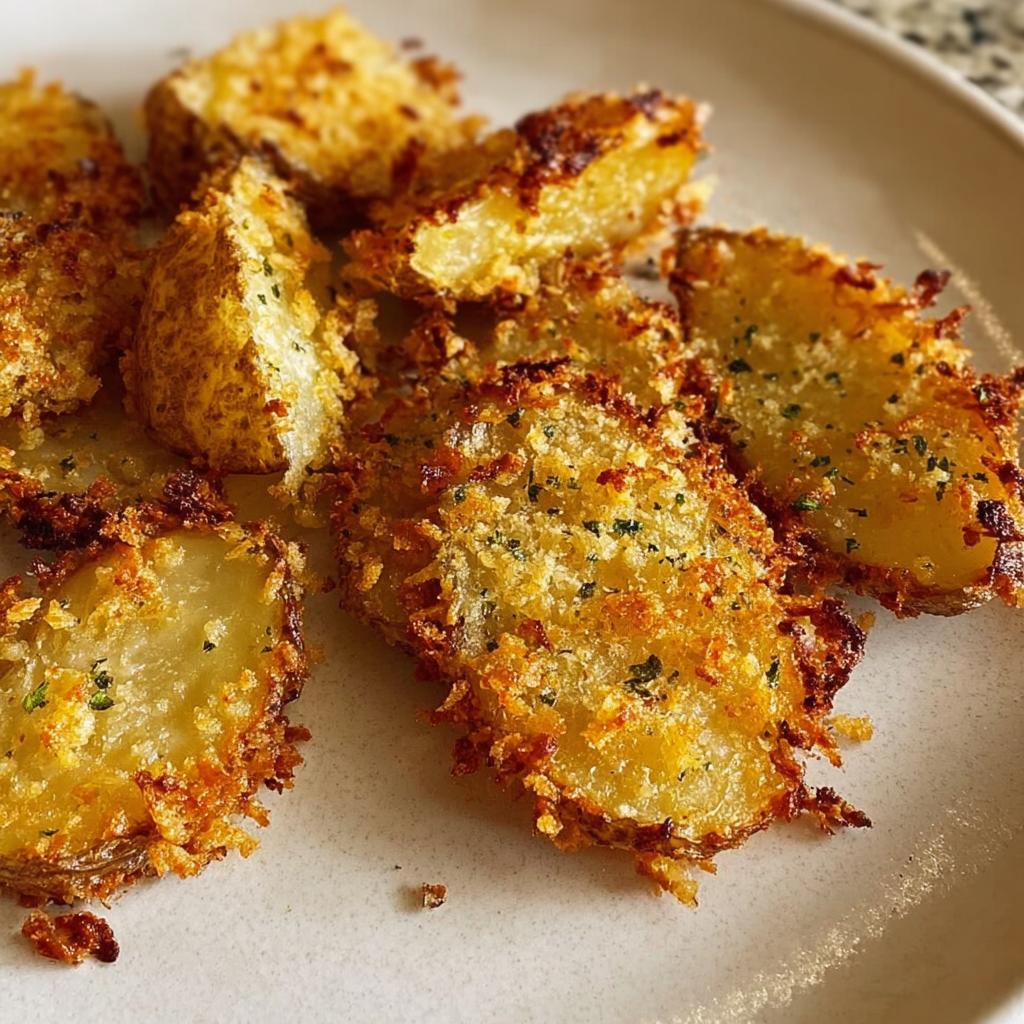Close-up of golden brown Crispy Crunchy Parmesan Potatoes slices on a light plate, showing a thick, textured crust.