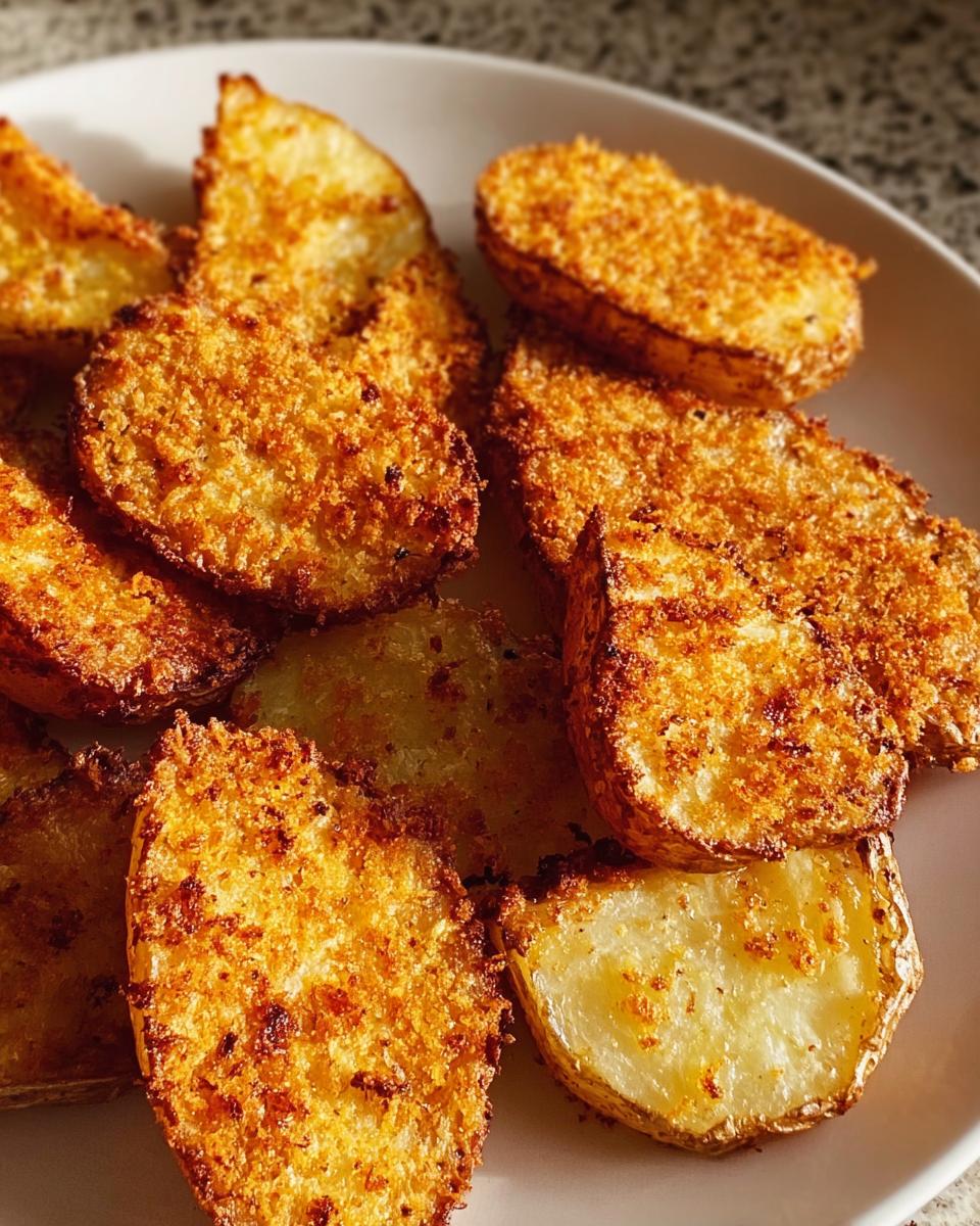 Close-up of golden-brown, oven-baked Crispy Crunchy Parmesan Potatoes slices piled on a white plate.