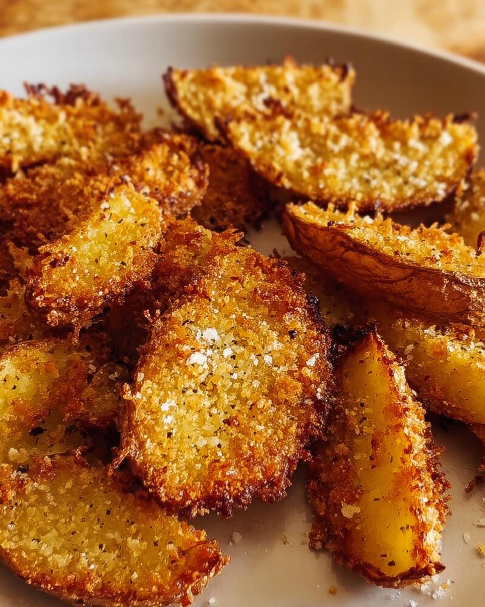 Close-up of golden brown, wedge-cut Crispy Crunchy Parmesan Potatoes seasoned with visible salt and pepper.
