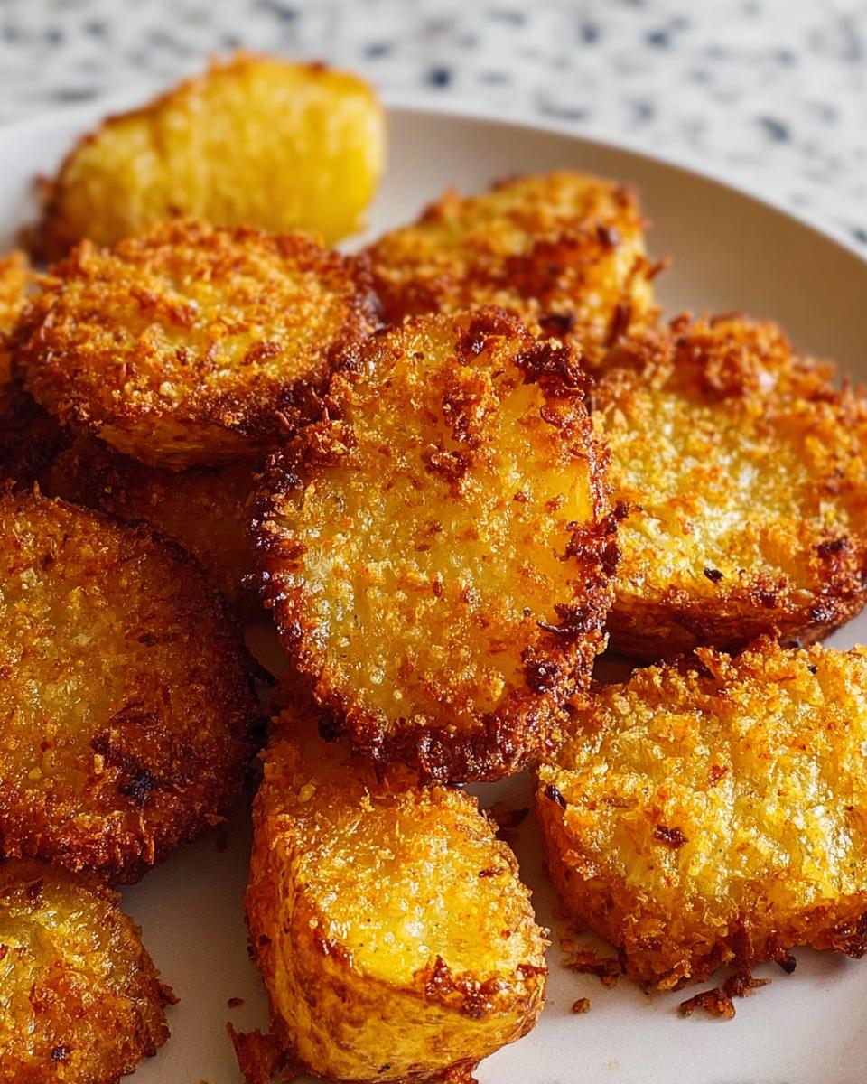 Close-up of golden brown, crispy Crunchy Parmesan Potatoes piled on a white plate.