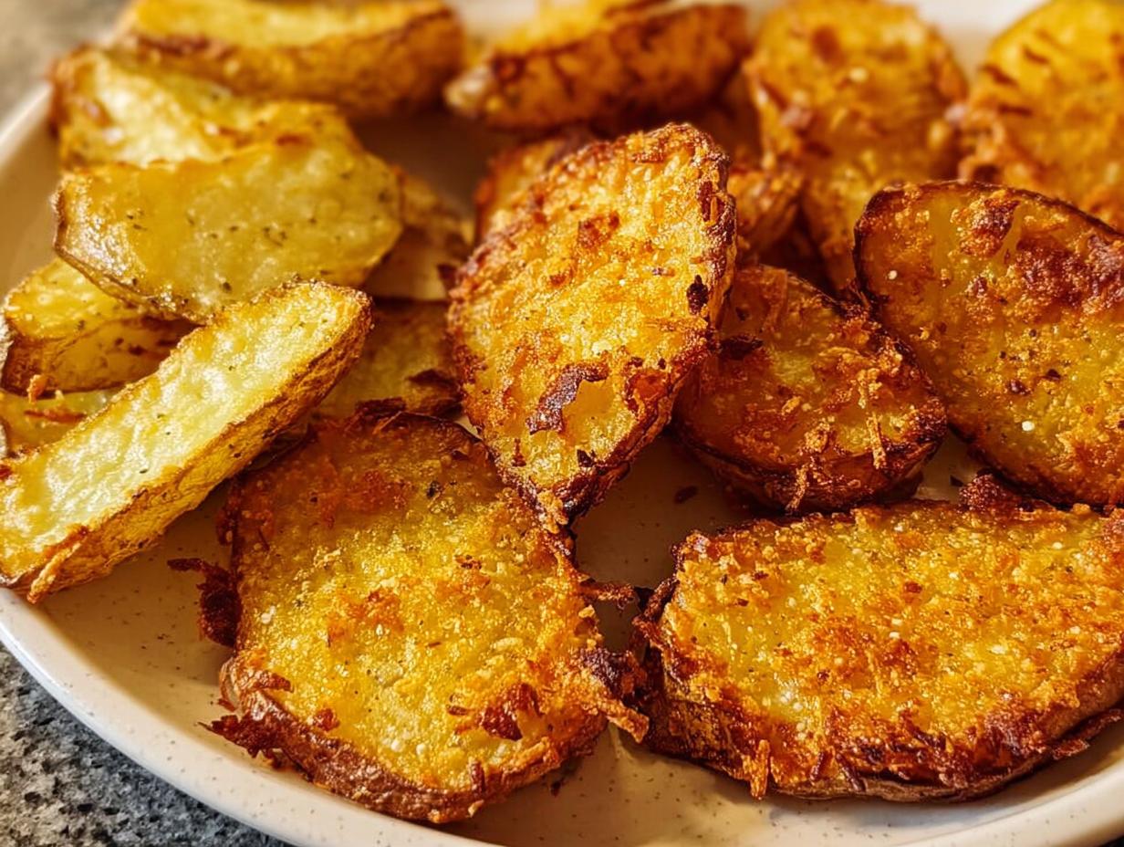 Close-up of golden brown Crispy Crunchy Parmesan Potatoes wedges piled on a white plate.