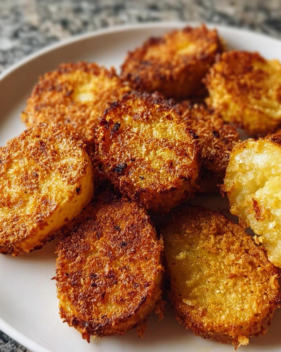 Close-up of golden brown, crispy Crunchy Parmesan Potatoes slices piled on a white plate.