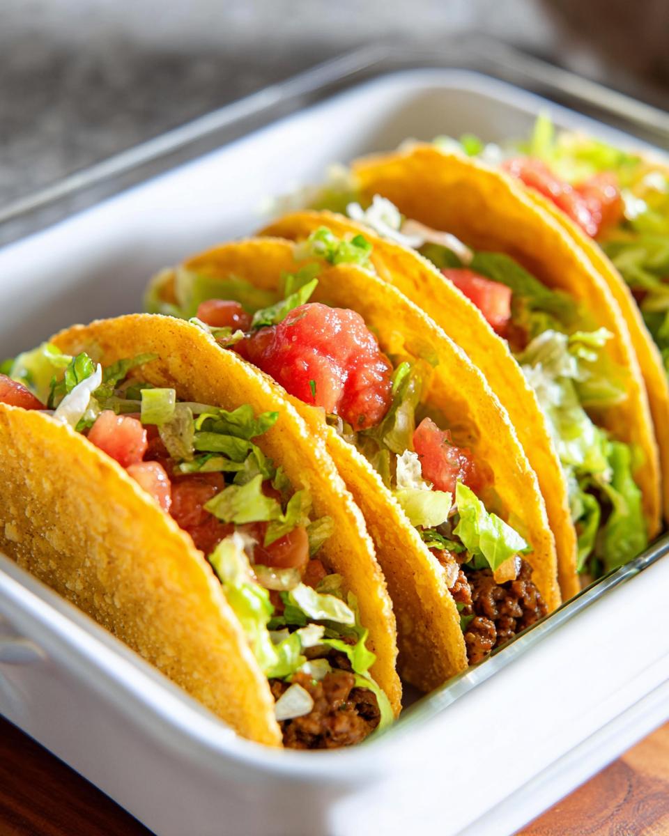 Close-up of several crispy hard shell tacos filled with ground meat, lettuce, and diced tomatoes, ready for serving.