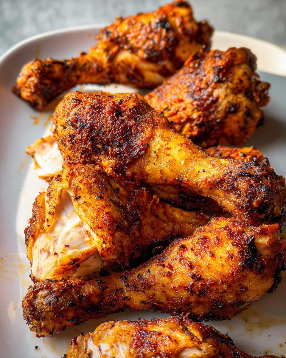 Close-up of several golden brown, heavily seasoned Crispy Oven Baked Chicken Drumsticks piled on a white plate.