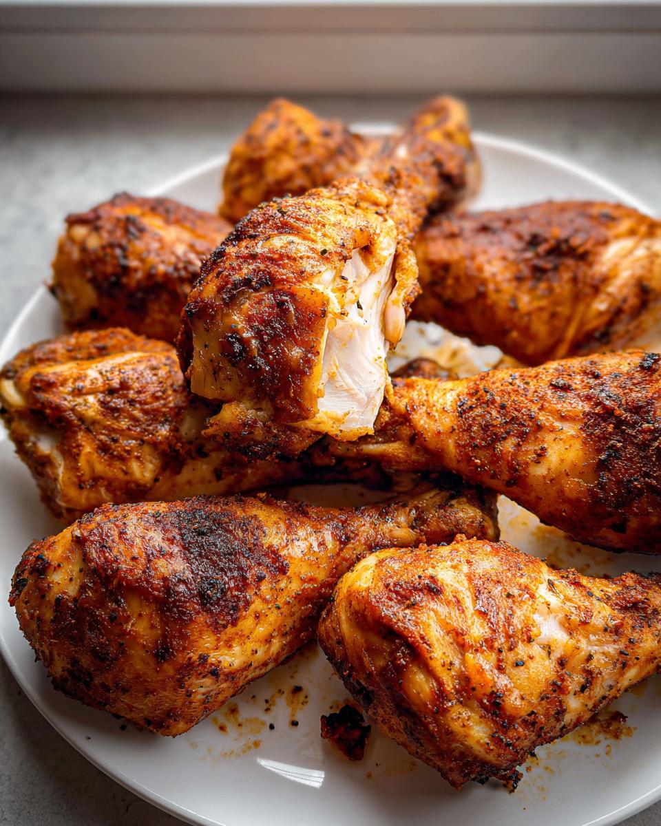 A plate piled high with perfectly seasoned and Crispy Oven Baked Chicken Drumsticks, one piece broken open showing juicy white meat.