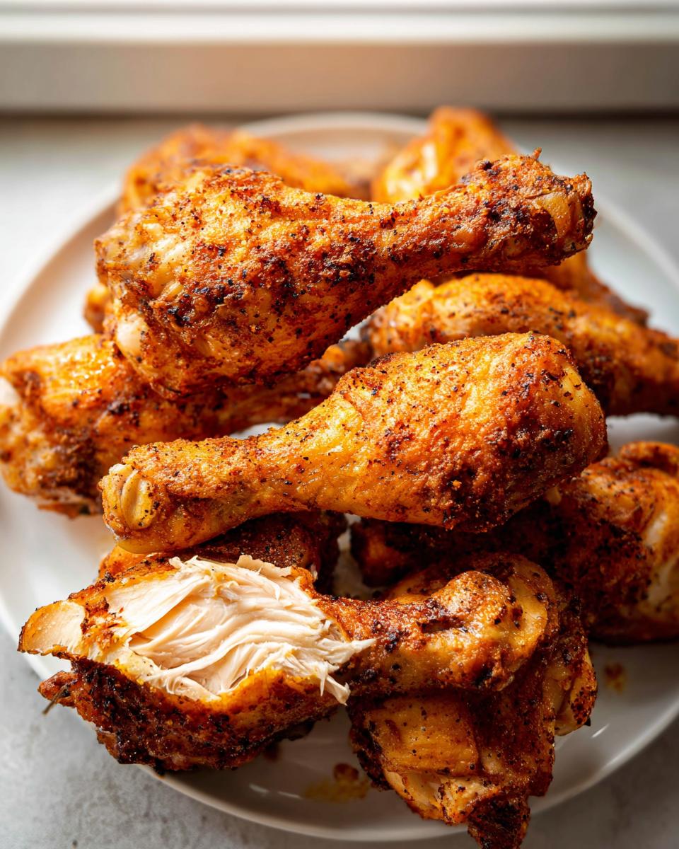 A pile of seasoned, golden-brown Crispy Oven Baked Chicken Drumsticks, one broken open showing juicy white meat.