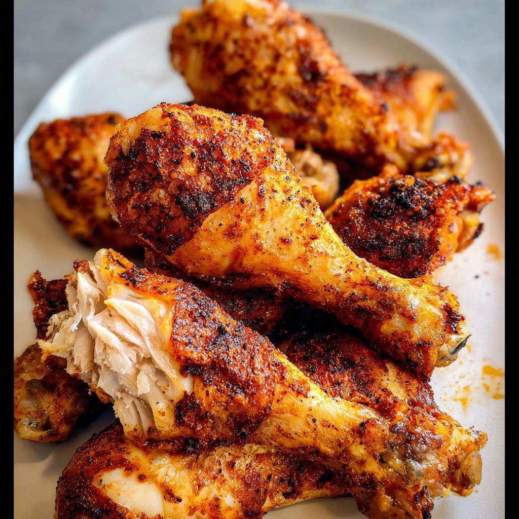 A close-up of several Crispy Oven Baked Chicken Drumsticks piled high on a white plate, showing juicy meat.