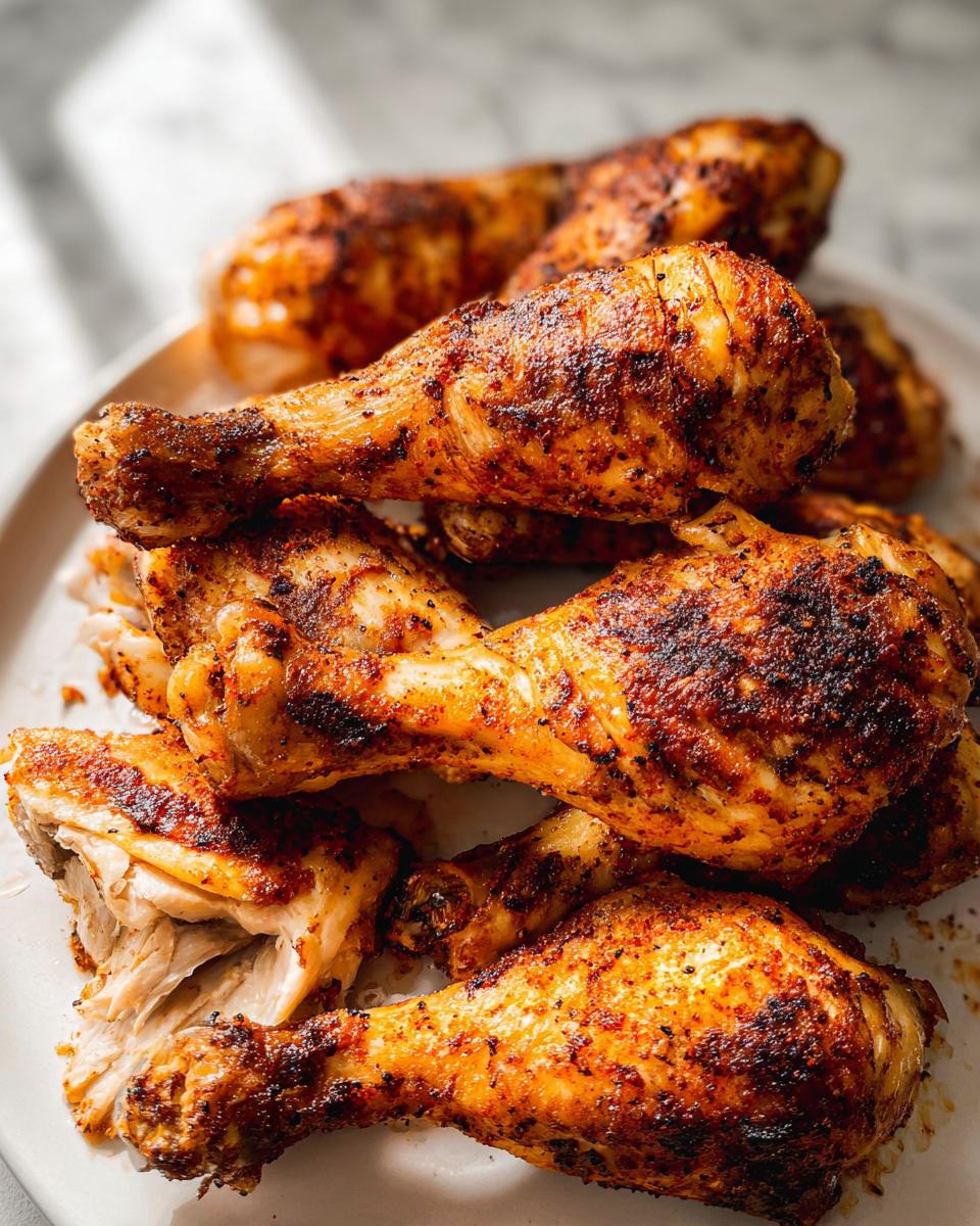 A close-up stack of golden brown, crispy oven baked chicken drumsticks seasoned with spices.