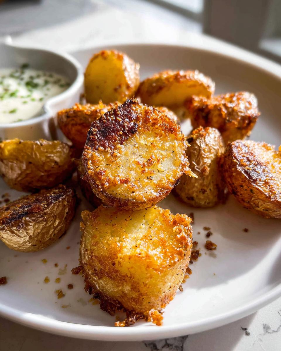 Close-up of golden brown Crispy Parmesan Roasted Baby Potatoes served on a white plate with a side of dipping sauce.