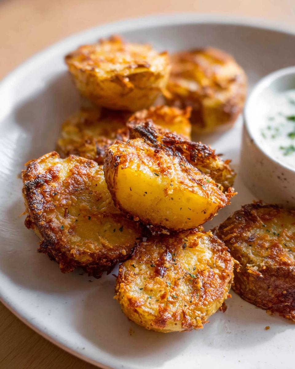 Close-up of golden brown Crispy Parmesan Roasted Baby Potatoes served on a white plate with a side of dipping sauce.