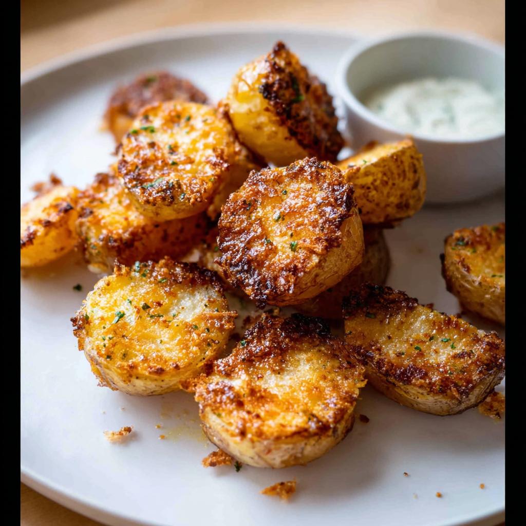 Close-up of golden brown Crispy Parmesan Roasted Baby Potatoes piled on a white plate with a side of dipping sauce.