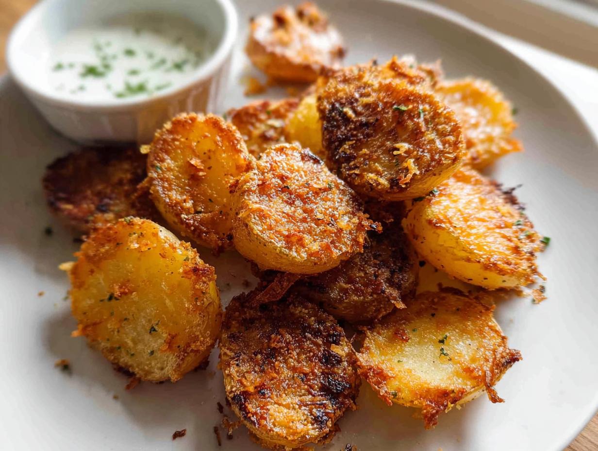 A pile of golden brown, crispy Parmesan roasted baby potatoes served with a small dipping sauce.