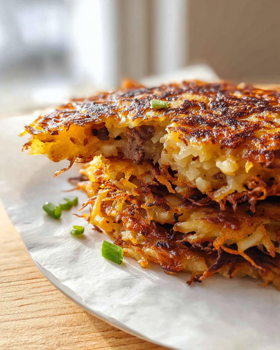 Close-up of stacked, crispy potato hash patties filled with sausage, part of a Cheesy Potato Hash with Sausage Skillet.