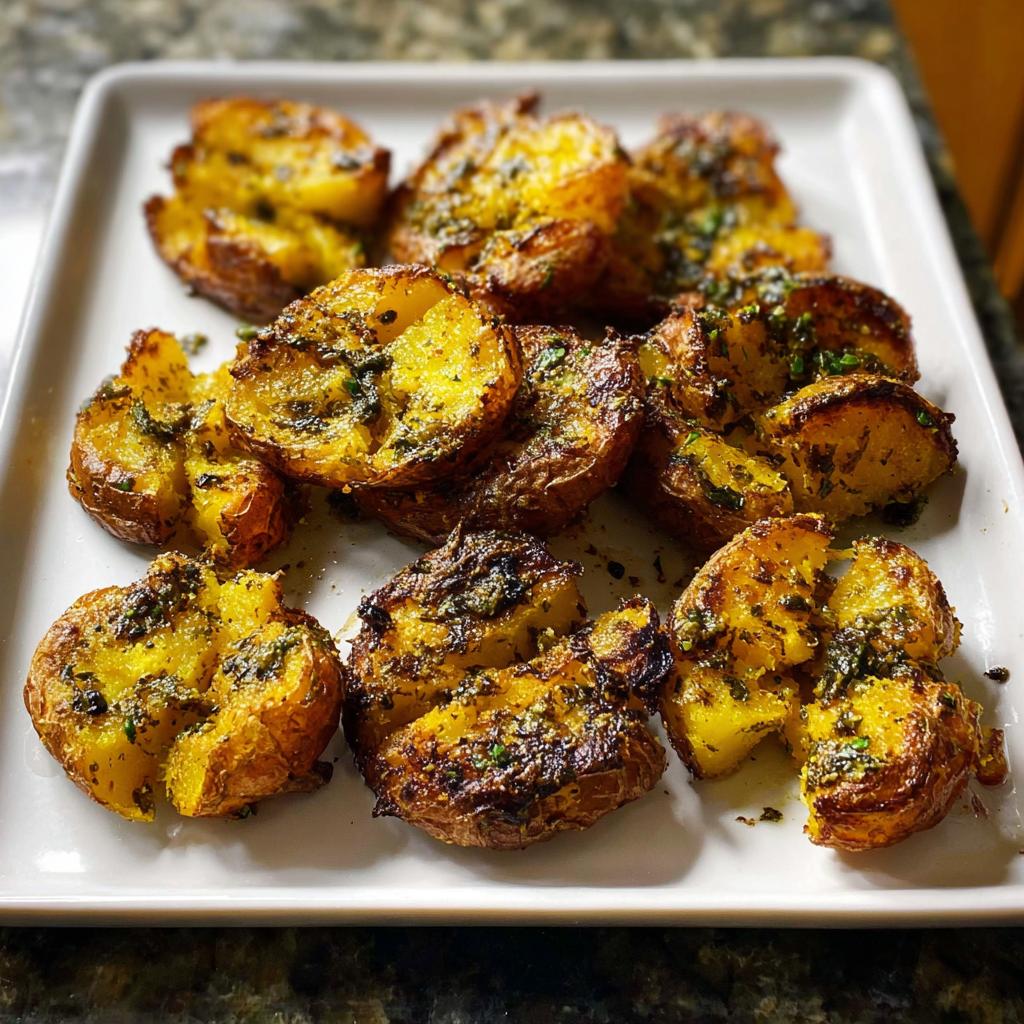 A white platter filled with golden brown, crispy smashed potatoes drizzled with herbed butter.