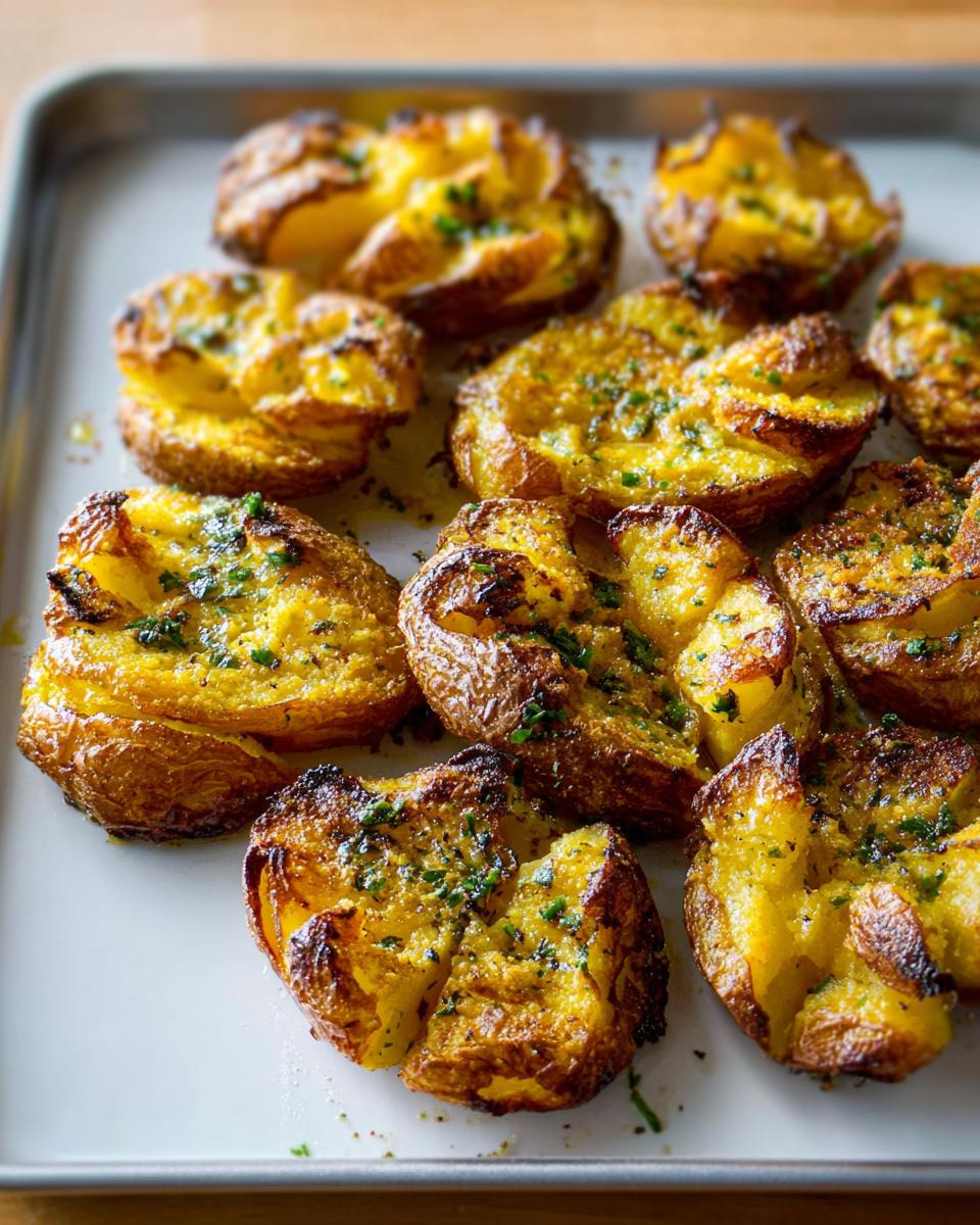 A close-up of several golden brown, crispy smashed potatoes drizzled with herbed butter and fresh parsley.