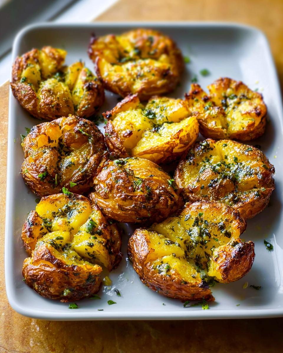A plate of perfectly golden and crispy smashed potatoes generously coated in herbed butter.