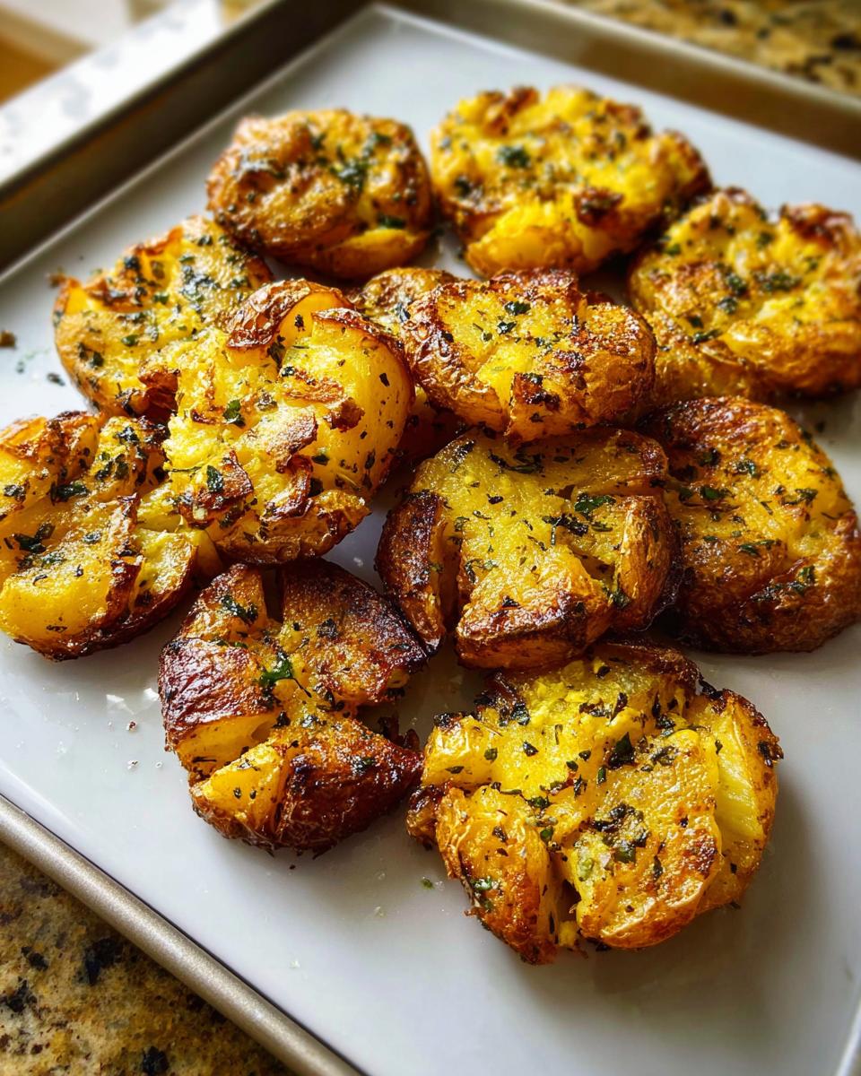 A plate of perfectly golden and crispy smashed potatoes seasoned generously with herbed butter.
