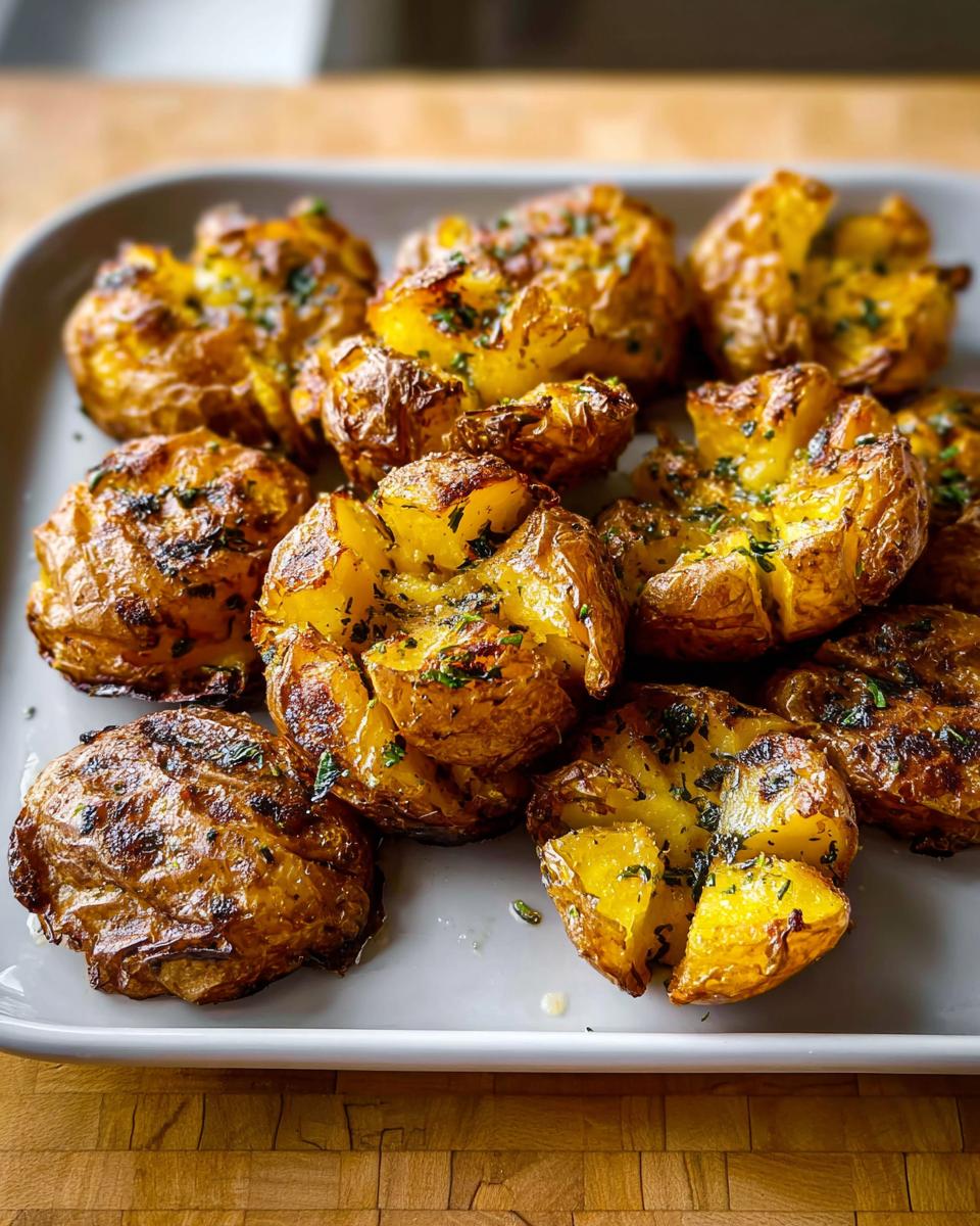 A platter of golden brown, crispy smashed potatoes generously topped with chopped fresh herbs.
