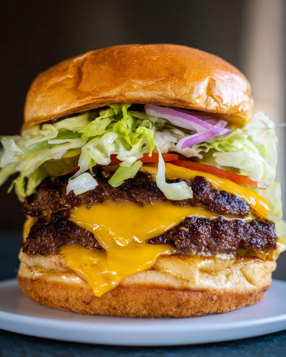 A tall, double cheeseburger featuring two crispy, Juicy Smash Burger Patties layered with melted American cheese and fresh toppings.