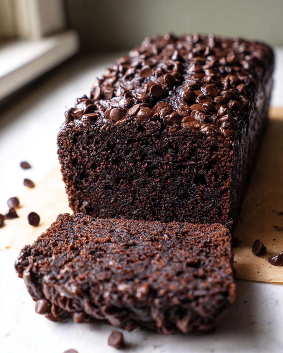 A rich, dark loaf of Double Chocolate Banana Bread topped generously with chocolate chips, with one slice cut.