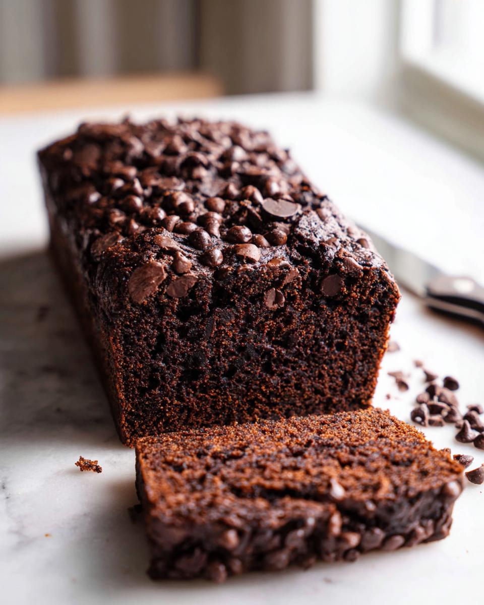 A moist, dark chocolate loaf of Double Chocolate Banana Bread with a slice cut, topped generously with chocolate chips.
