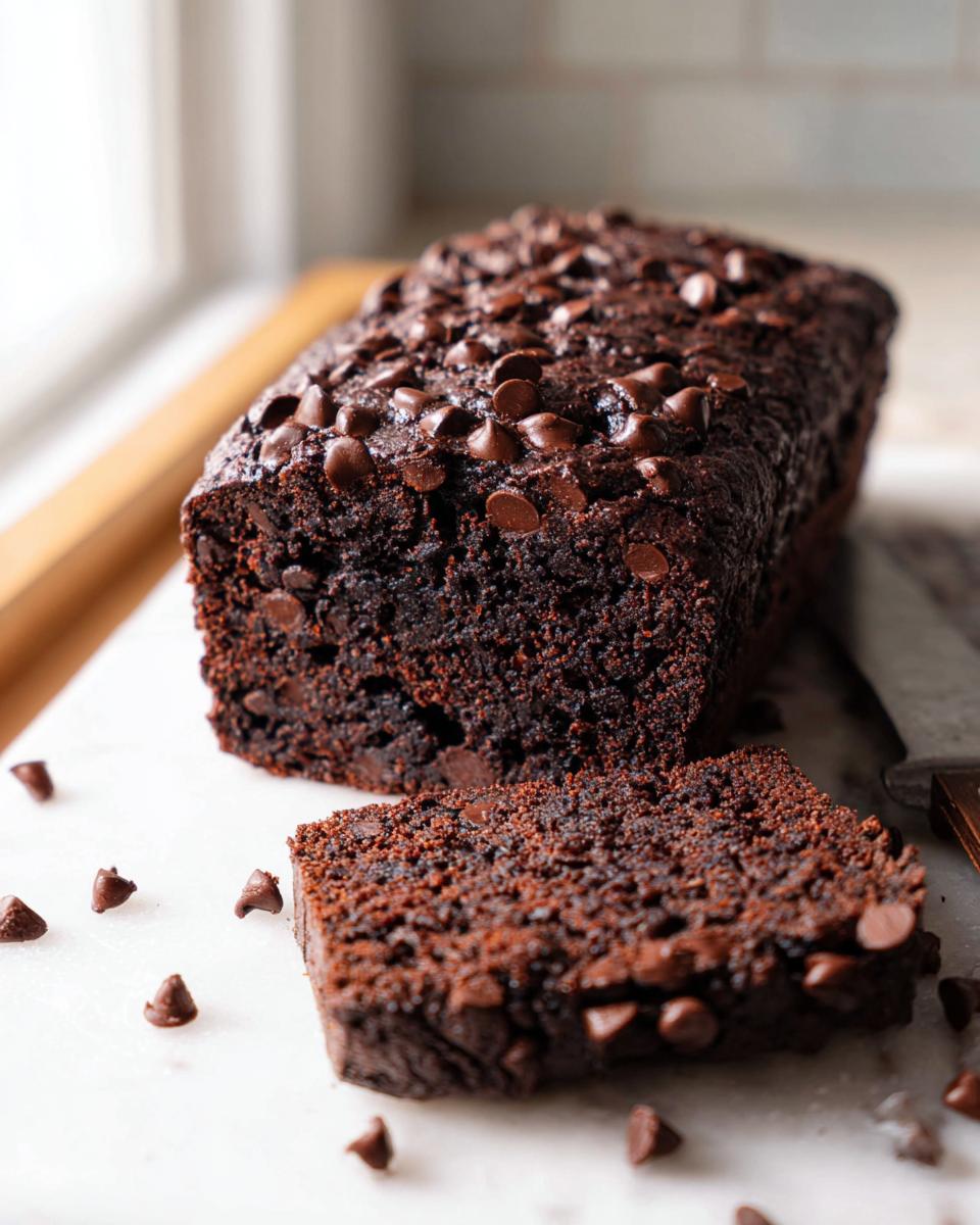 A rich, dark Double Chocolate Banana Bread loaf with a slice cut, topped generously with chocolate chips.