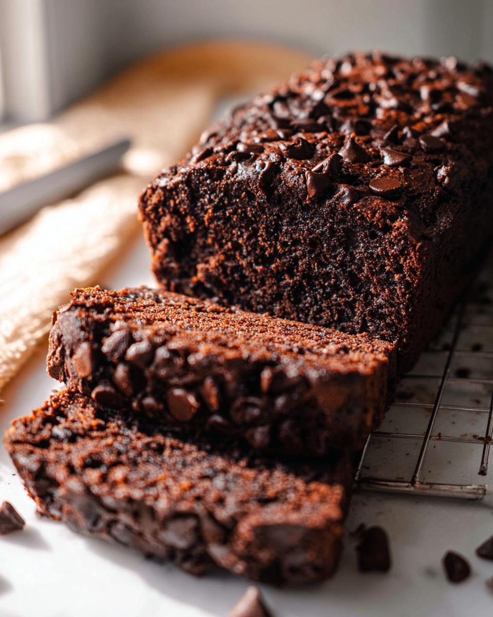 A rich, dark loaf of Double Chocolate Banana Bread, sliced, topped generously with chocolate chips, resting on a cooling rack.