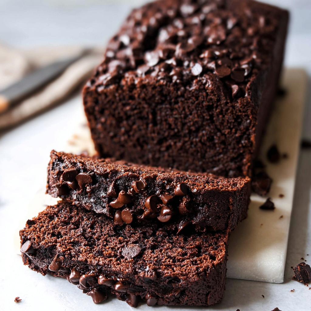 Close-up of moist Double Chocolate Banana Bread, sliced and topped with melted chocolate chips.