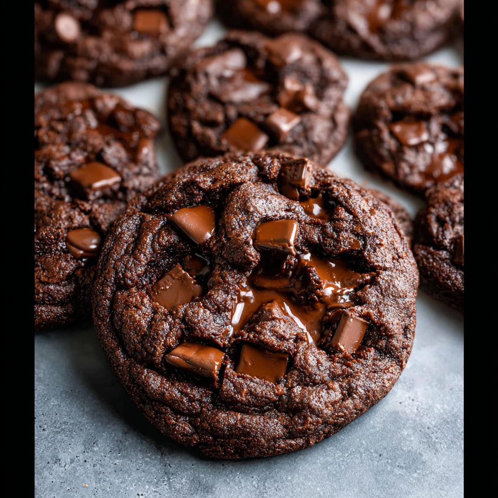 A close-up shot of a freshly baked Double Chocolate Chunk Chocolate Chip Cookie with melted chocolate pools.