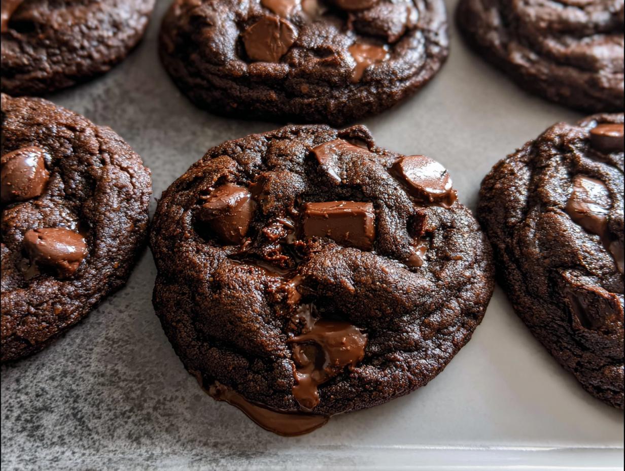 Close-up of gooey, dark Double Chocolate Chunk Chocolate Chip Cookies fresh from the oven.