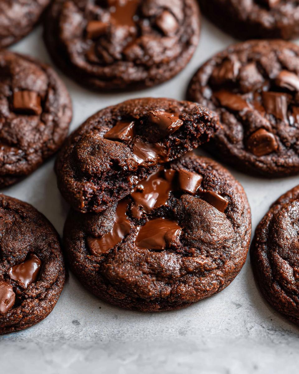 Close-up of a broken Double Chocolate Chunk Chocolate Chip Cookies revealing a gooey, melted chocolate center.