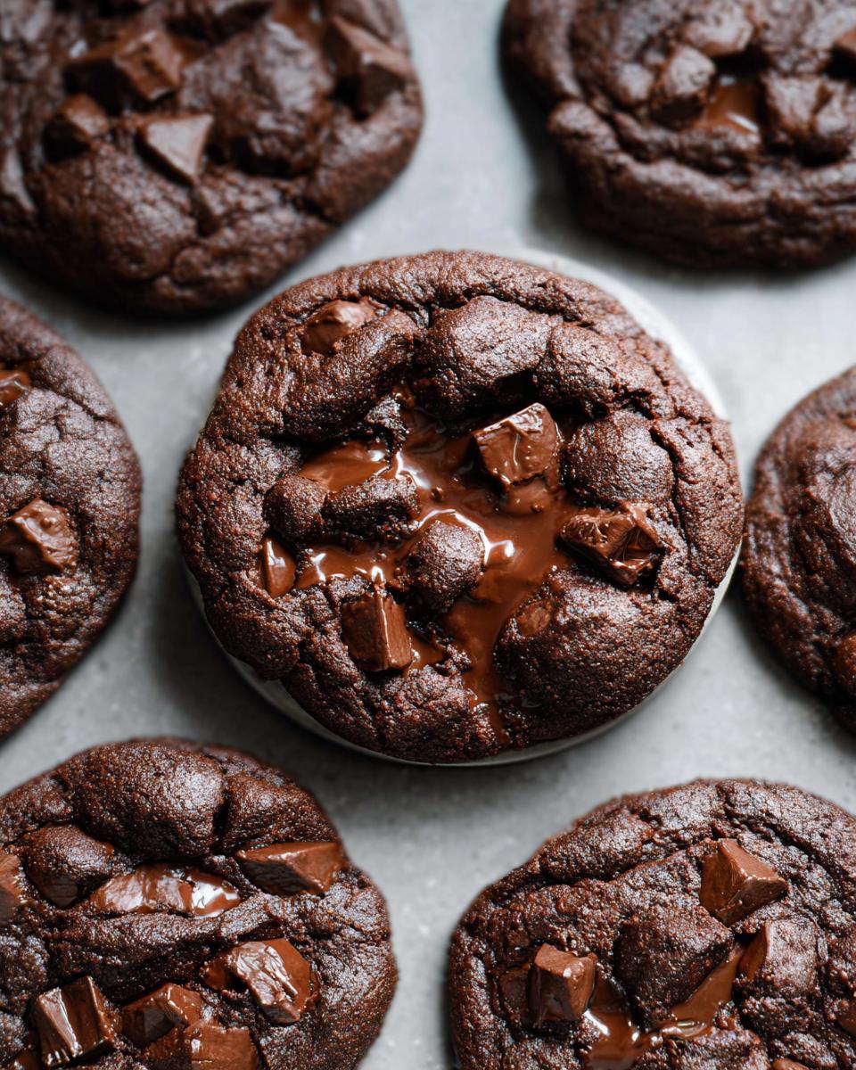 Overhead view of several rich, dark Double Chocolate Chunk Chocolate Chip Cookies with gooey melted chocolate centers.