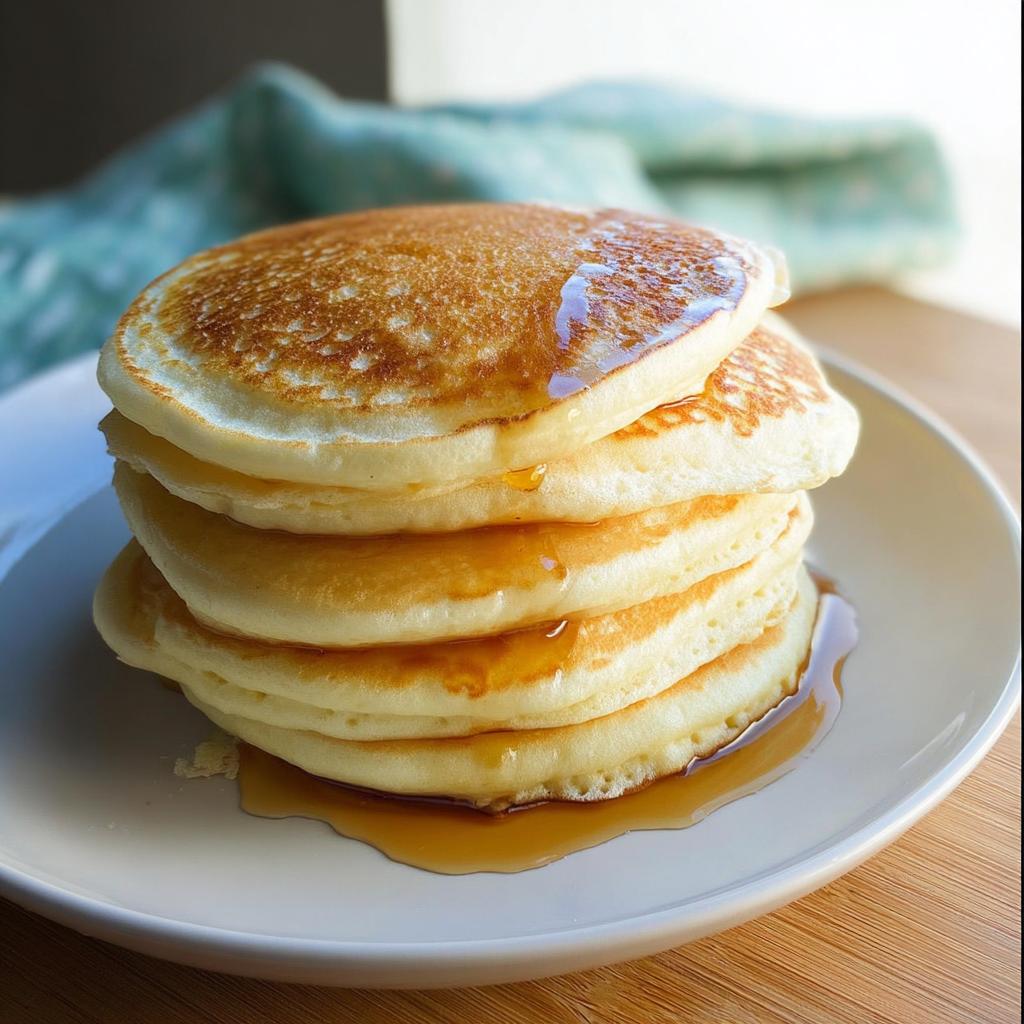 A tall stack of fluffy, golden Easy 3 Ingredient Pancakes drizzled generously with maple syrup.