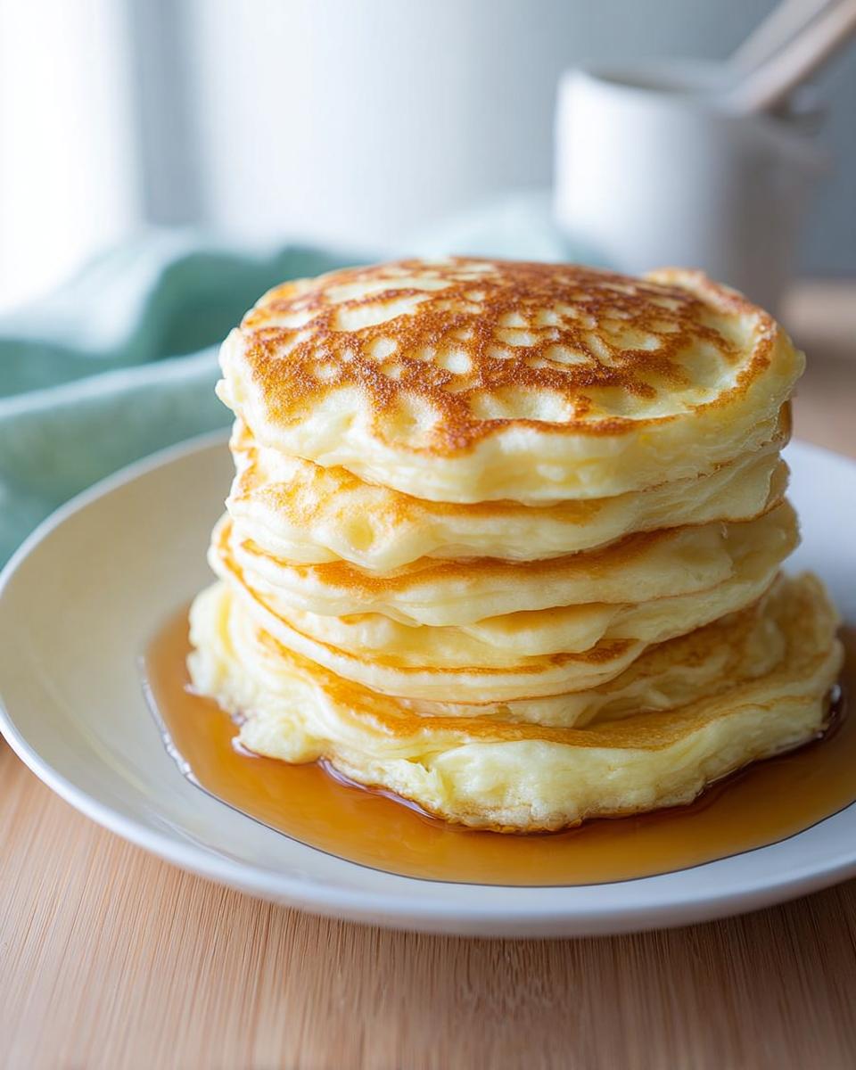 A tall stack of fluffy Easy 3 Ingredient Pancakes soaking in maple syrup on a white plate.