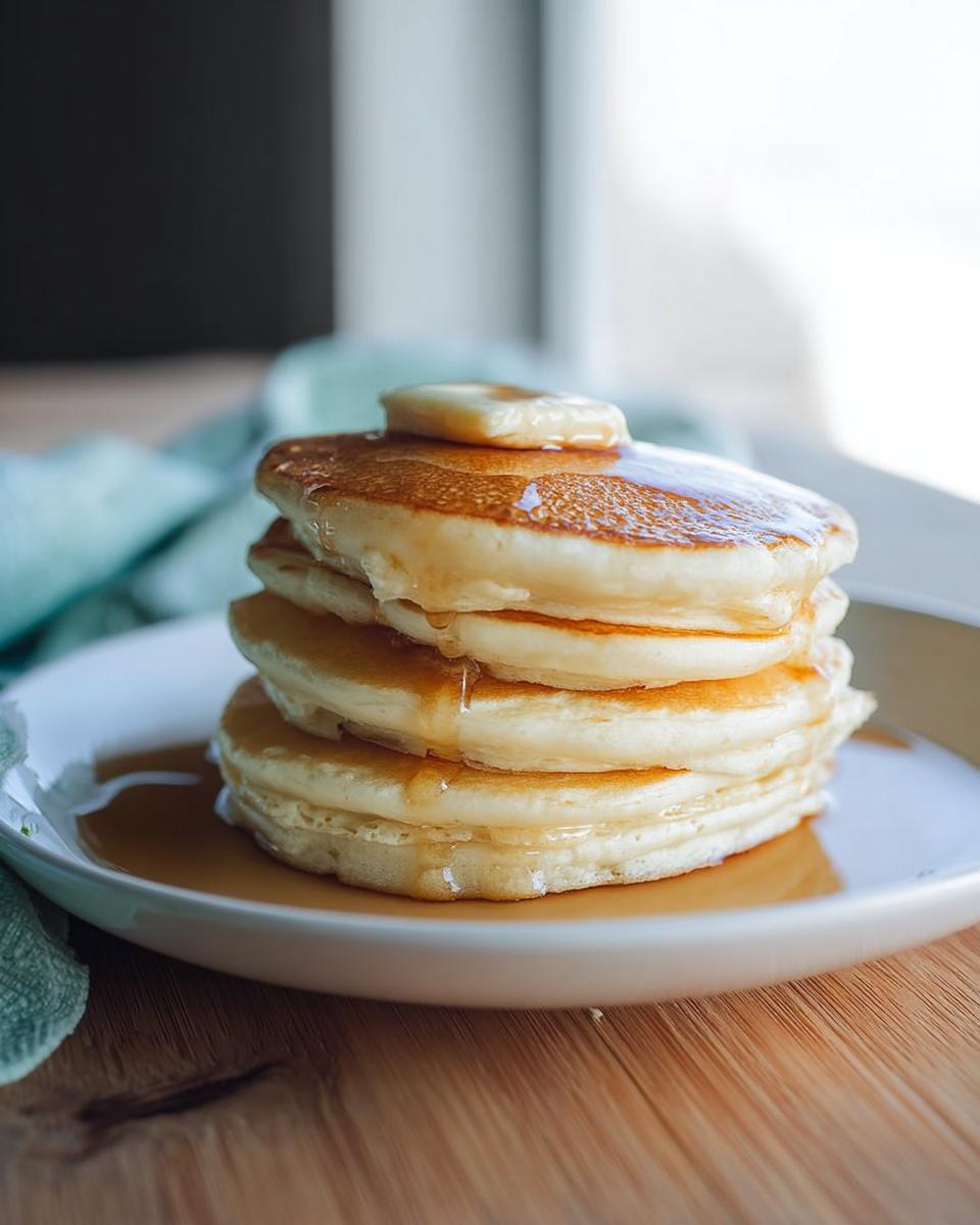 A tall stack of fluffy Easy 3 Ingredient Pancakes topped with melting butter and drizzled with syrup.