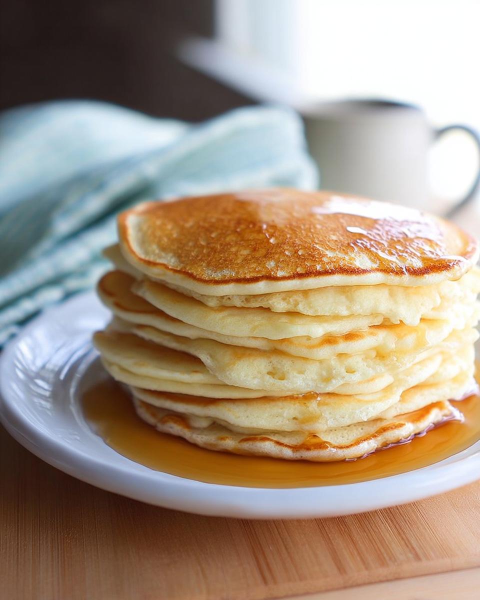 A tall stack of fluffy Easy 3 Ingredient Pancakes drizzled with maple syrup on a white plate.