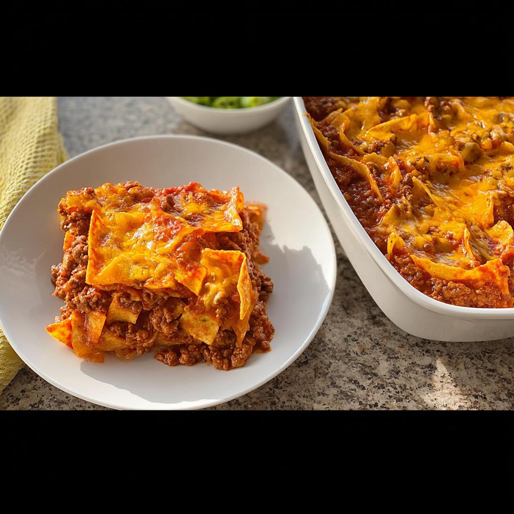 A generous serving of Easy Beef Taco Casserole on a white plate next to the baking dish full of the cheesy, meaty casserole.
