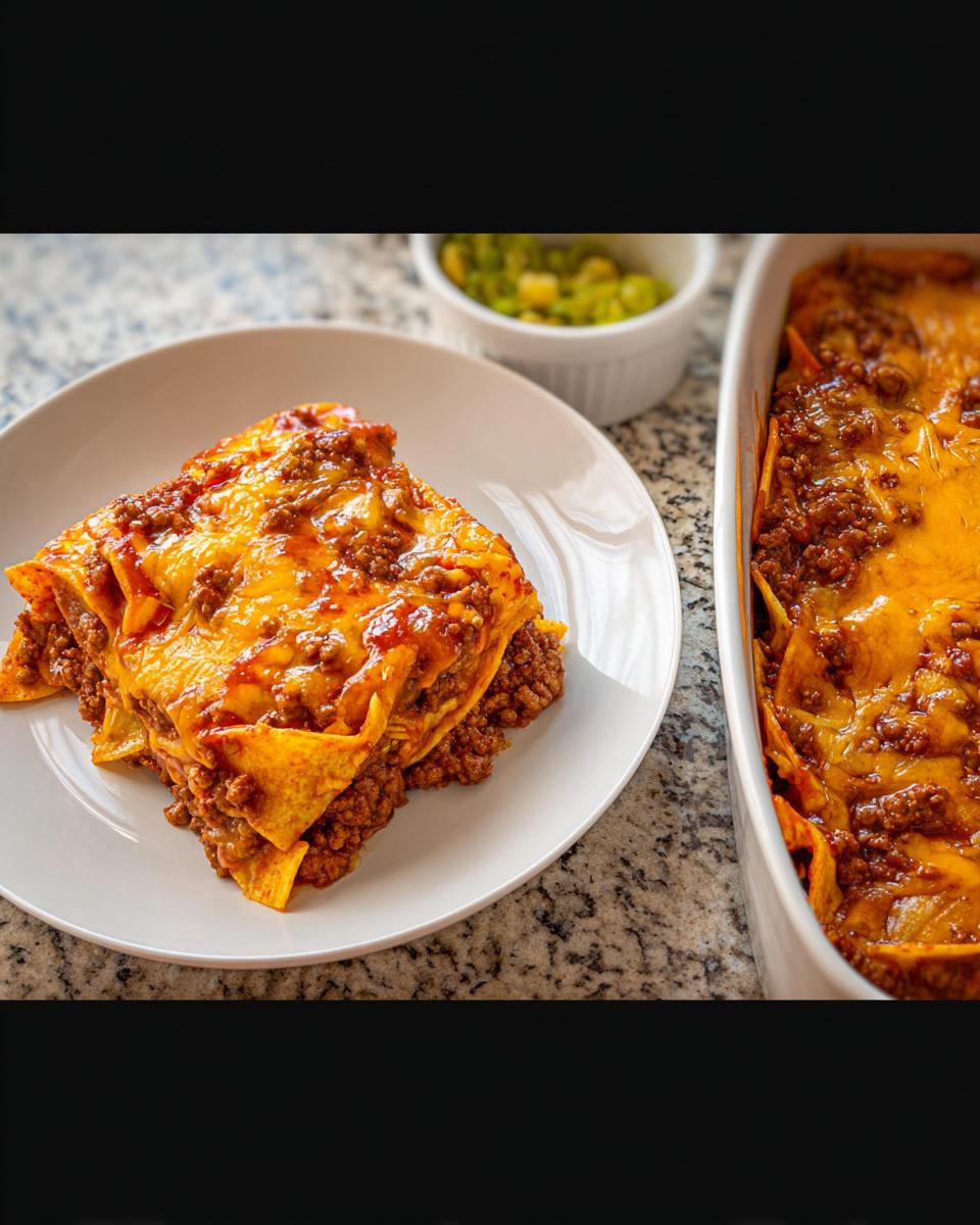 A square serving of Easy Beef Taco Casserole topped with melted cheese sits next to the baking dish.