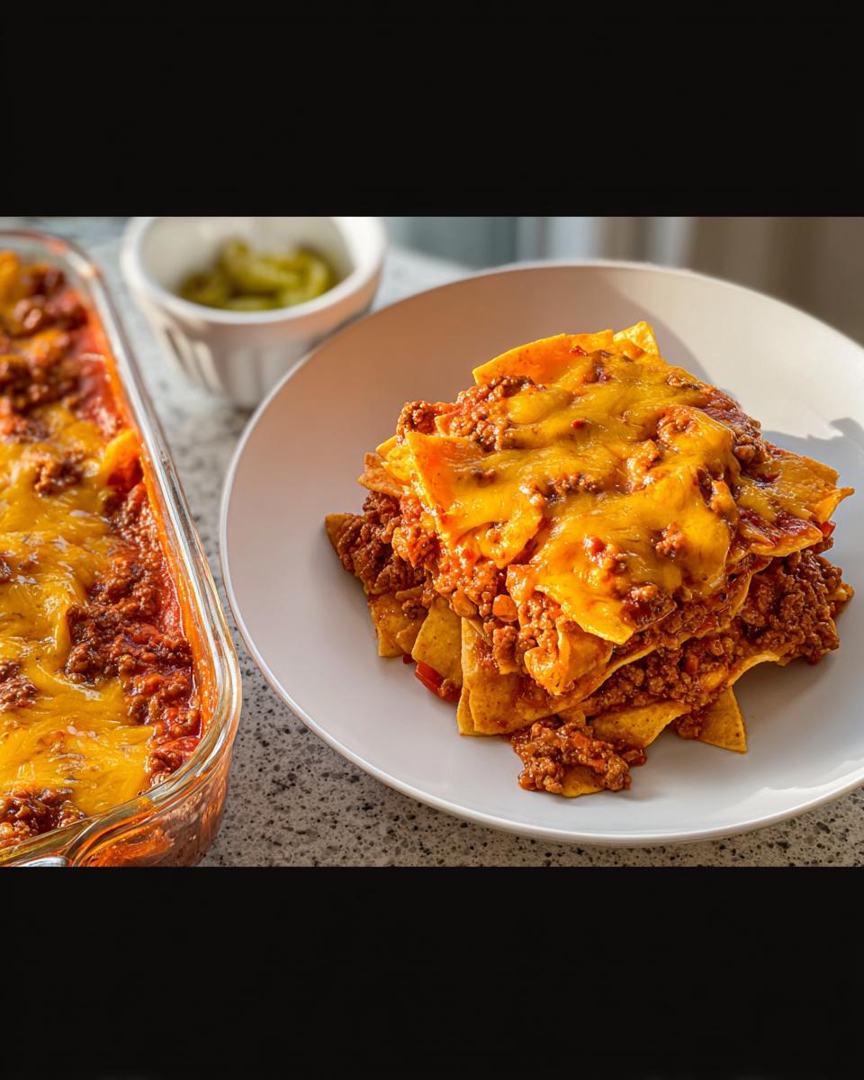 A serving of Easy Beef Taco Casserole layered with tortilla chips, meat sauce, and melted cheese, next to the baking dish.