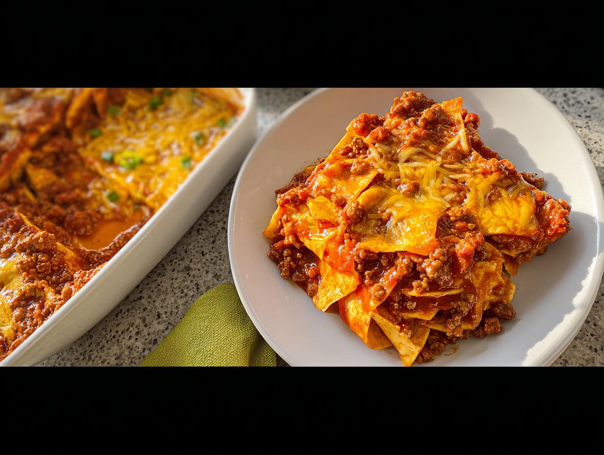 A serving of Easy Beef Taco Casserole on a white plate next to the baking dish it was cooked in.