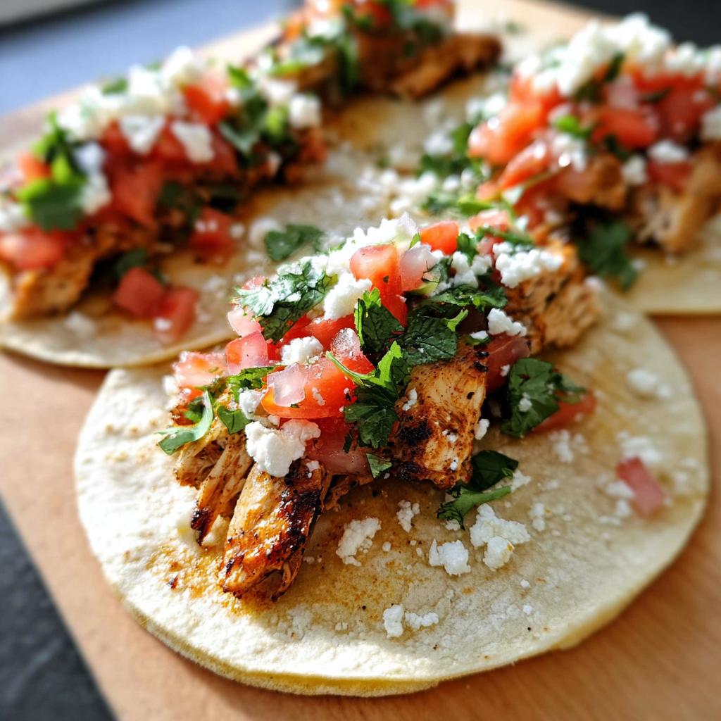 Close-up of Easy Chicken Street Tacos on corn tortillas topped with seasoned chicken, diced tomatoes, cilantro, and cotija cheese.