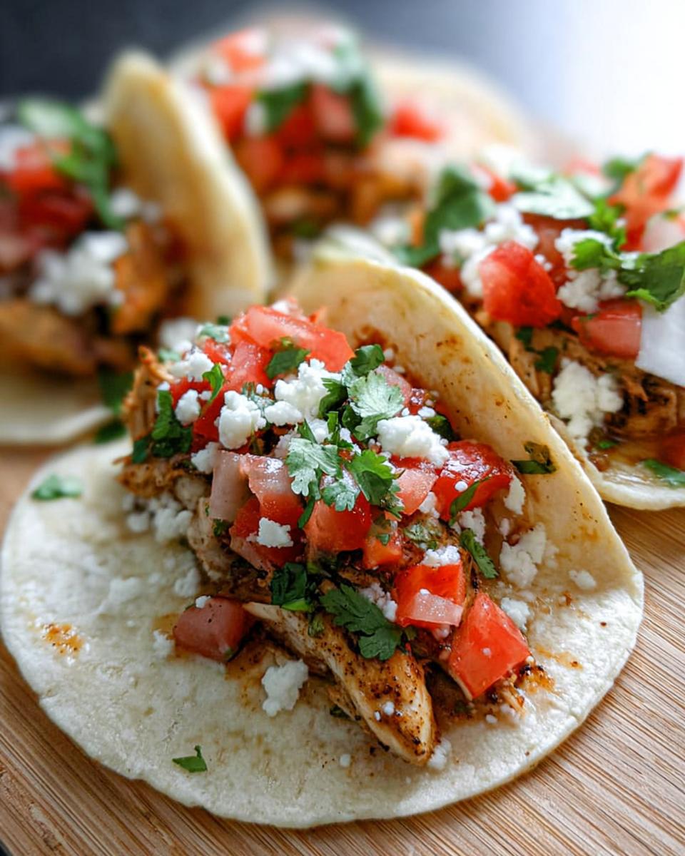 Close-up of two Easy Chicken Street Tacos filled with seasoned chicken, pico de gallo, and cotija cheese.