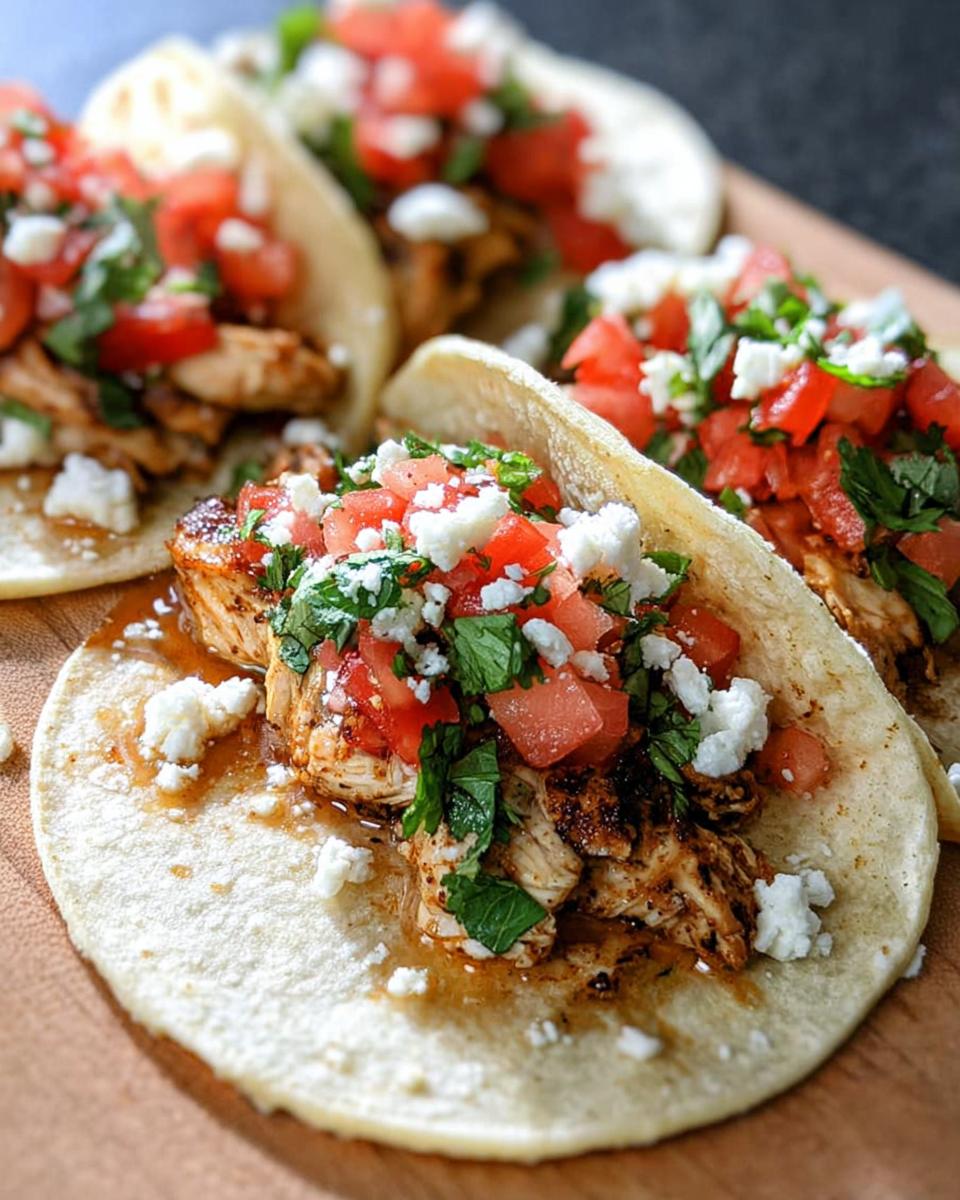 Close-up of Easy Chicken Street Tacos filled with seasoned chicken, diced tomatoes, cilantro, and crumbled white cheese.