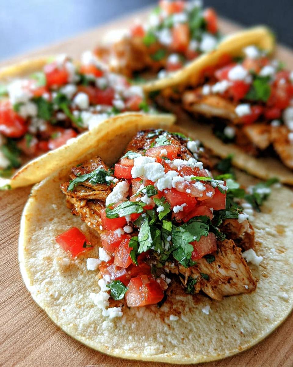 Close-up of one of the Easy Chicken Street Tacos filled with seasoned chicken, diced tomatoes, cilantro, and cotija cheese.