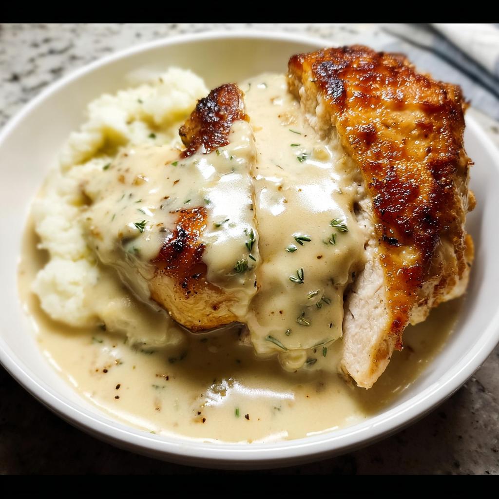 A sliced, golden-brown chicken breast covered in creamy ranch sauce, served next to mashed potatoes.