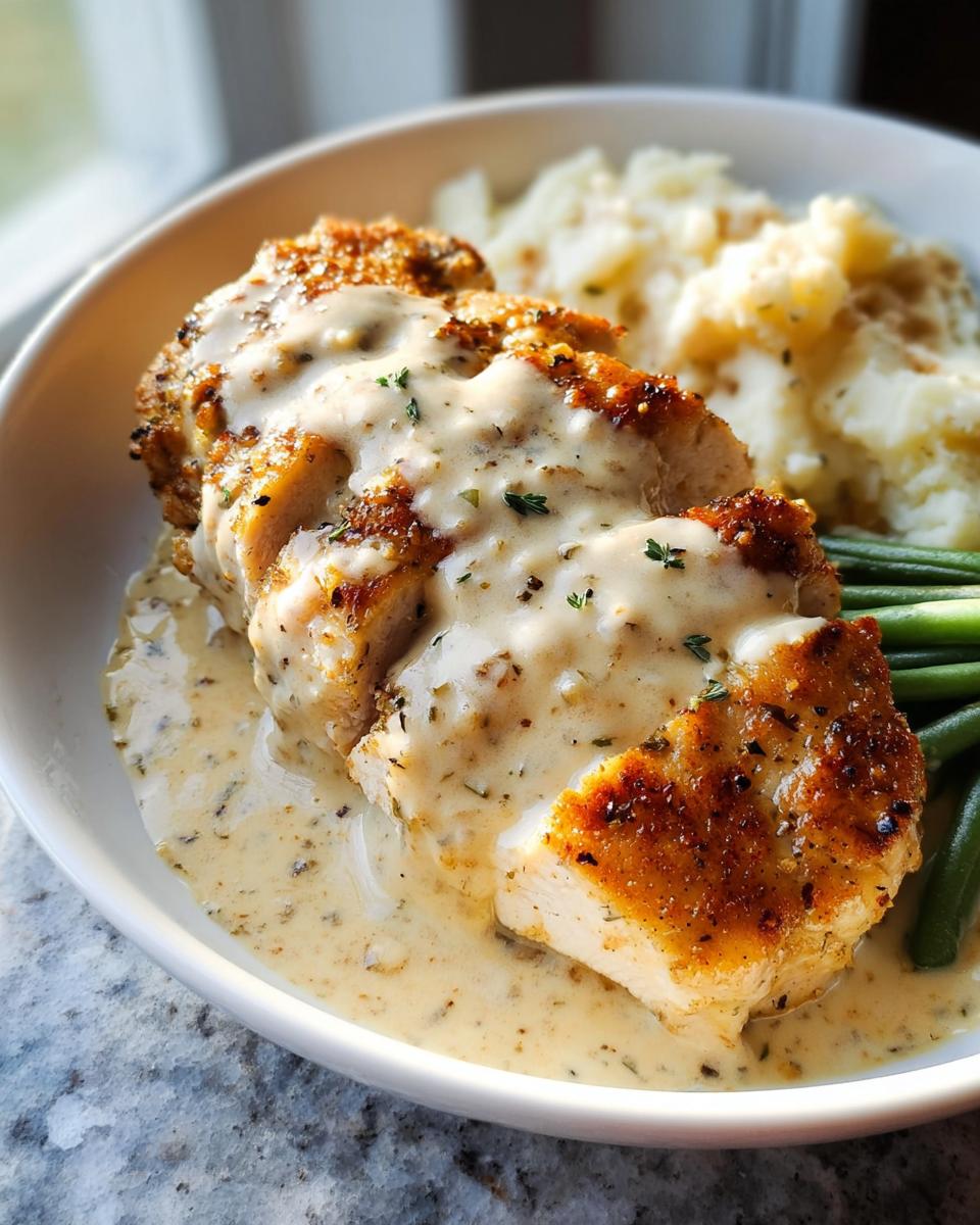 A perfectly cooked chicken breast smothered in creamy ranch sauce, served with mashed potatoes and green beans for Easy Creamy Ranch Chicken.