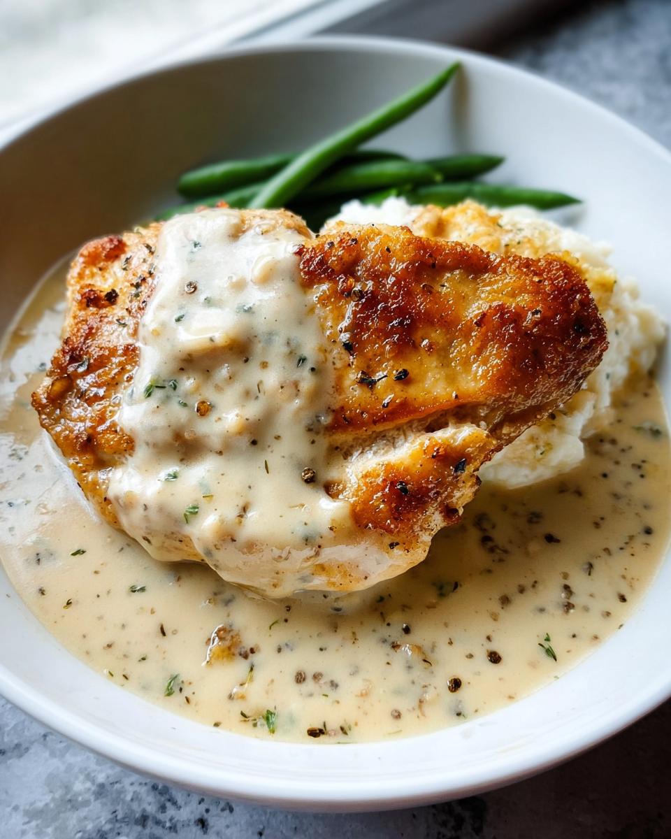 A golden-brown chicken breast topped with creamy ranch sauce, served over mashed potatoes and green beans, representing Easy Creamy Ranch Chicken.