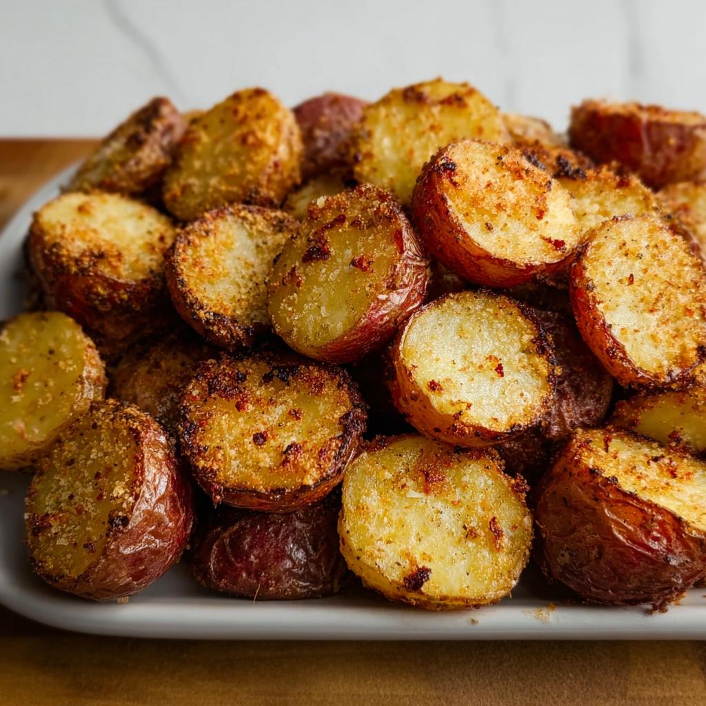 Close-up of perfectly roasted red potatoes coated in crispy Parmesan seasoning.